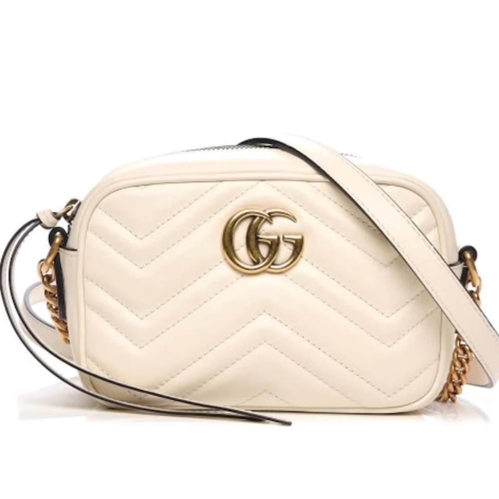 Gucci Calfskin Matelasse Mini GG Marmont Chain Shoulder Bag White